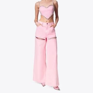 AREA Crystal Slit Wide Leg Jeans in Pale Pink Size 30 Like New